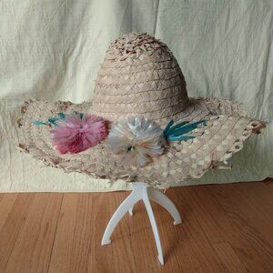 Vintage Straw Sun Hat with Cellophane Flowers Retro Rockabilly Summer Beach Wear